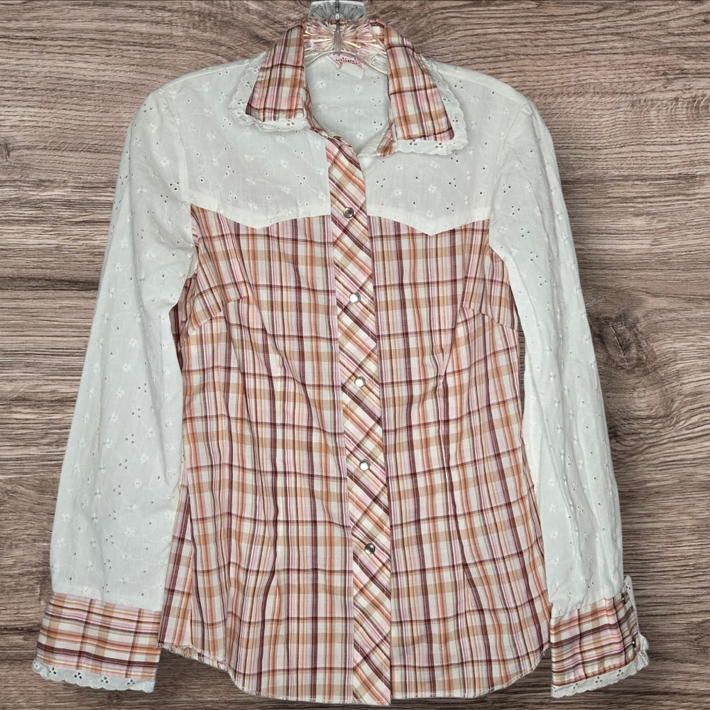 Vintage H Bar C Womens Pearl Snap Button Brown Pink Plaid Eyelet Lace‎ Top Small